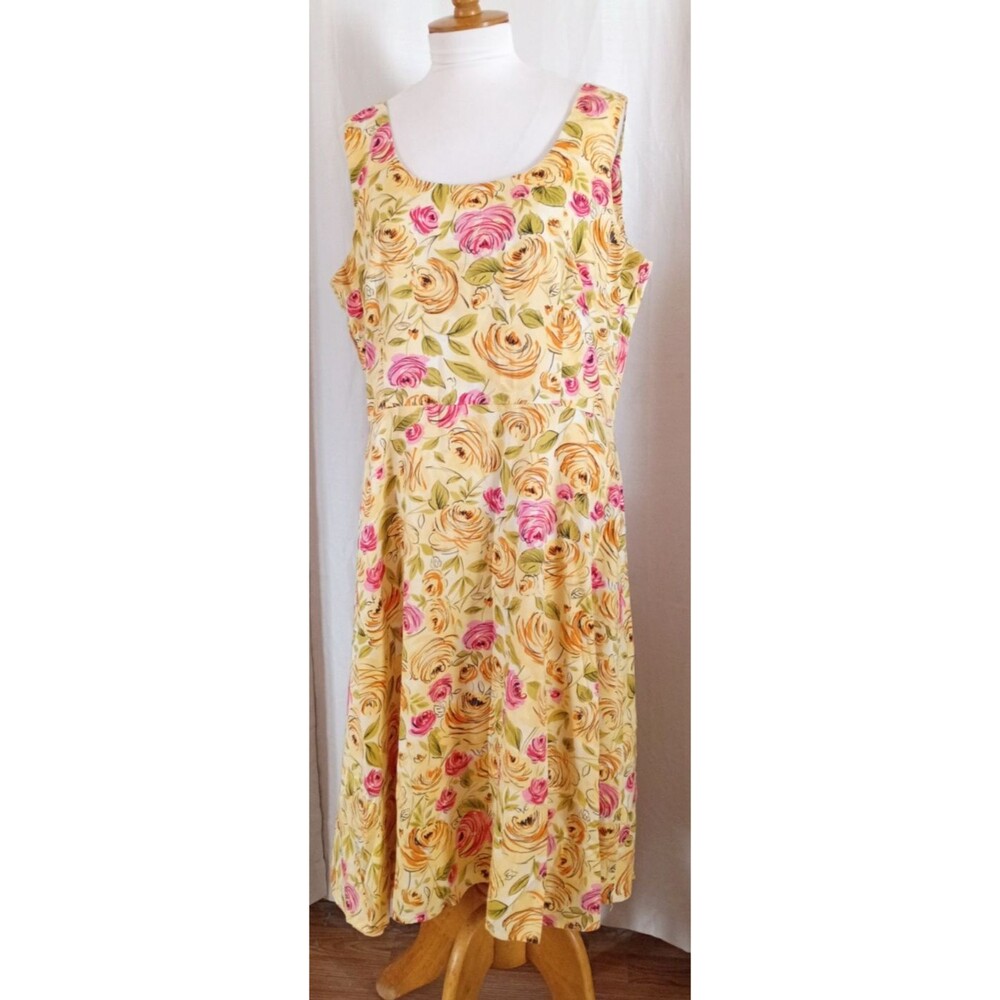 Talbots  Retro Style Yellow Floral Fit & Flare Sleeveless Dress  Size XL